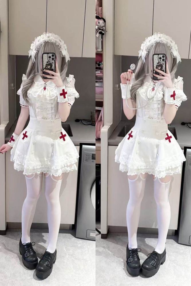 Lost Heart Nurse Pink White Jirai Kei Blouse and Skirt