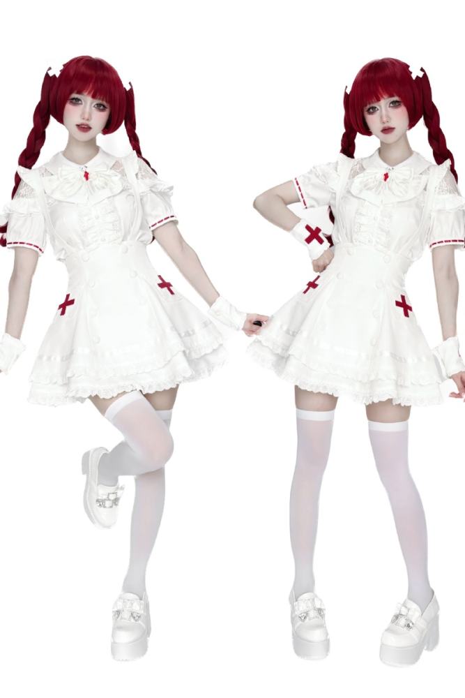 Lost Heart Nurse Pink White Jirai Kei Blouse and Skirt