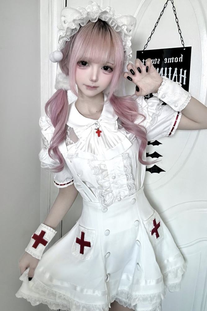 Lost Heart Nurse Pink White Jirai Kei Blouse and Skirt