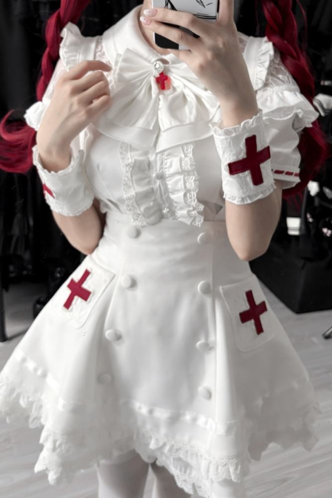 Lost Heart Nurse Pink White Jirai Kei Blouse and Skirt