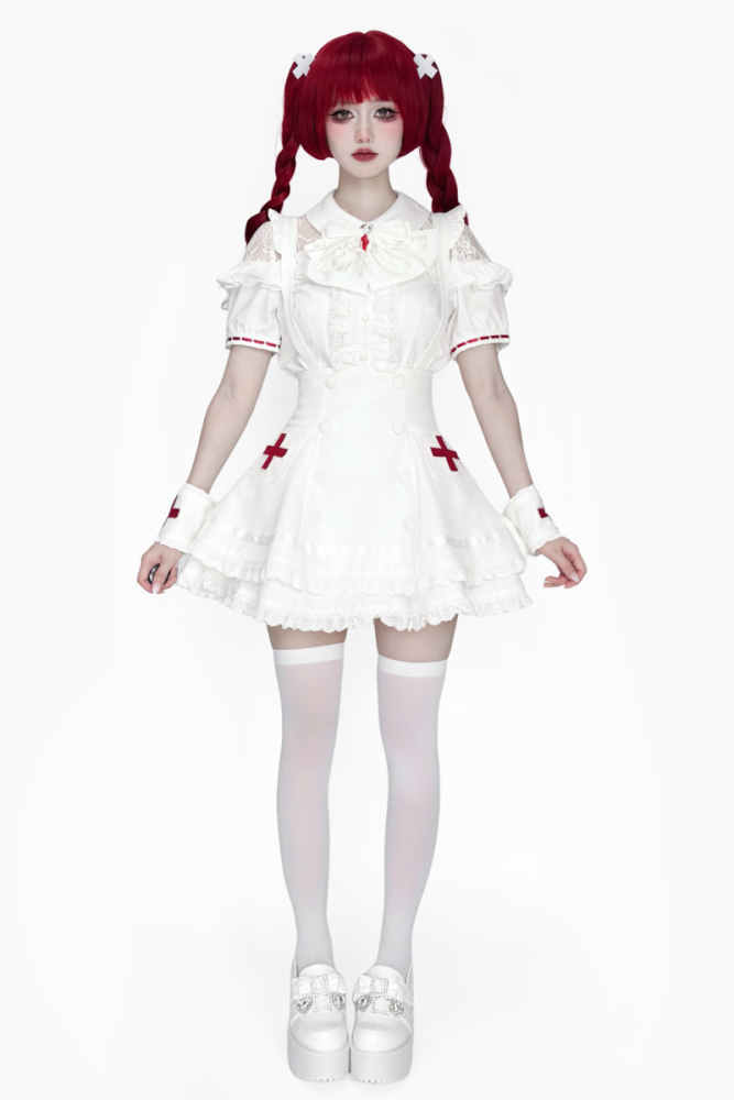Lost Heart Nurse Pink White Jirai Kei Blouse and Skirt