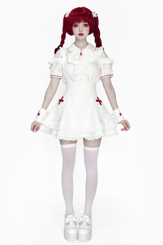 Lost Heart Nurse Pink White Jirai Kei Blouse and Skirt