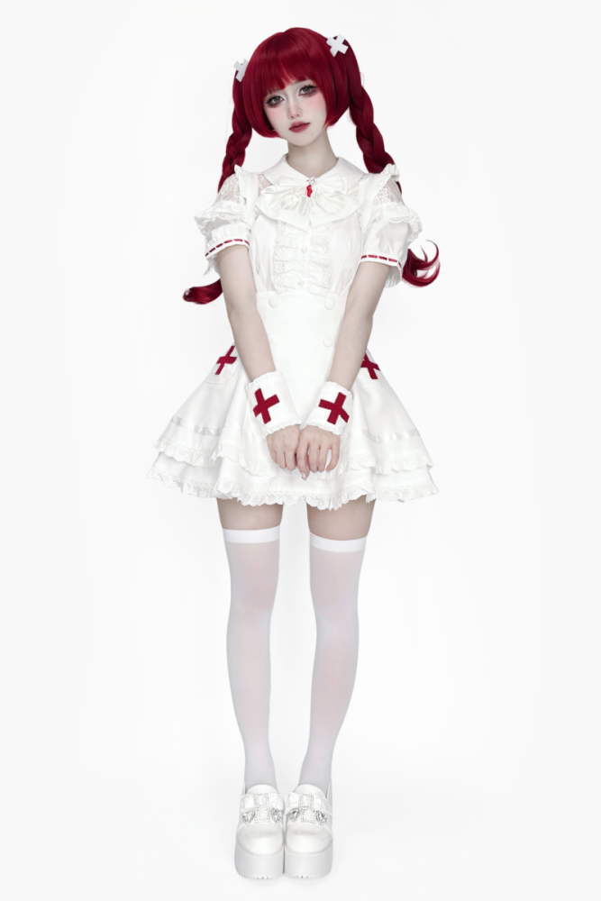 Lost Heart Nurse Pink White Jirai Kei Blouse and Skirt