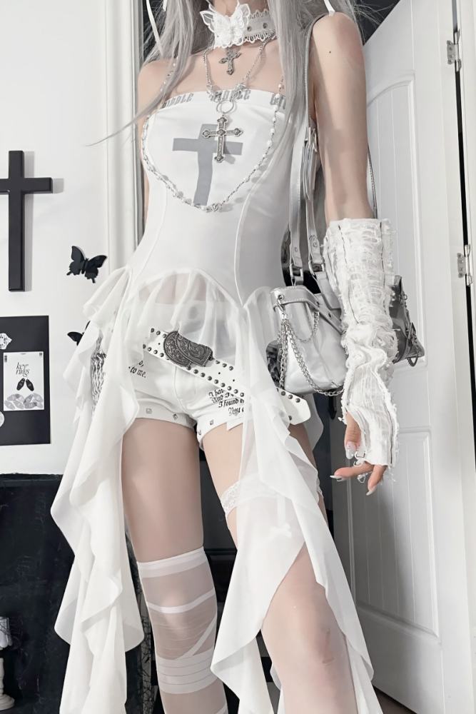 Rabbit Killer Punk Style Strapless Top with Irregular Tassels