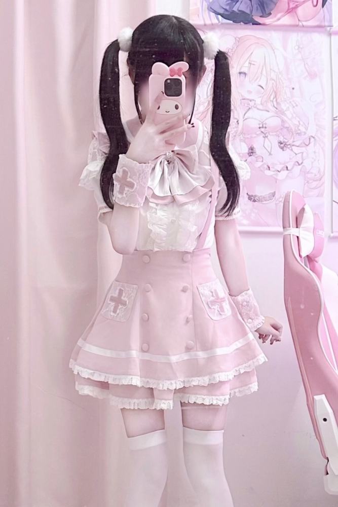 Lost Heart Nurse Pink White Jirai Kei Blouse and Skirt