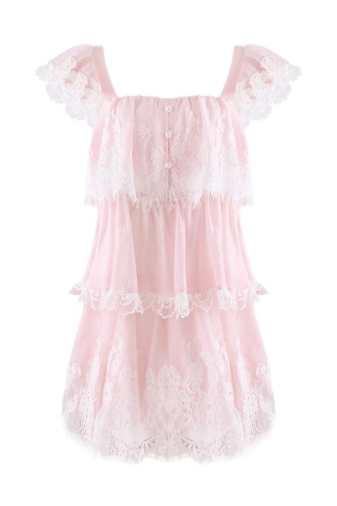 Serendipity Lacework Square Collar Retro Girly Pink Dress