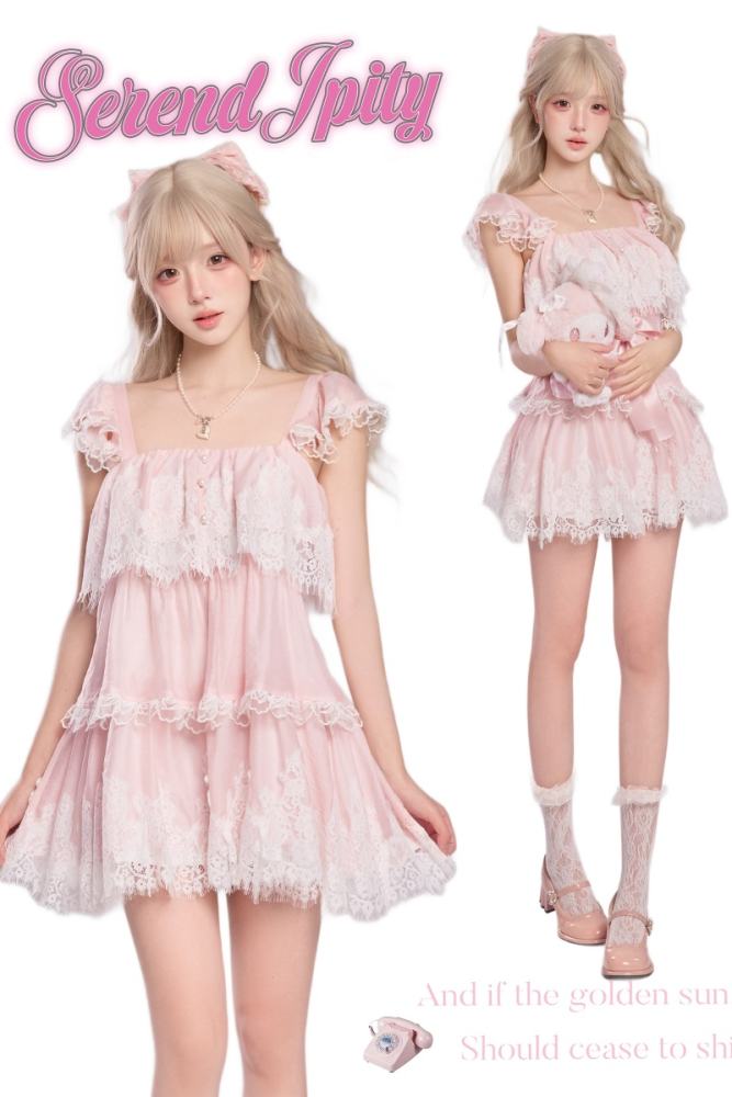Serendipity Lacework Square Collar Retro Girly Pink Dress