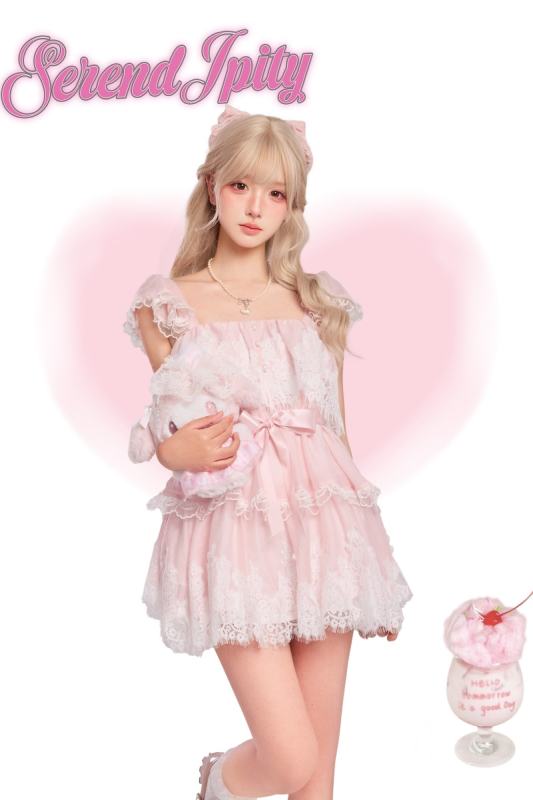Serendipity Lacework Square Collar Retro Girly Pink Dress
