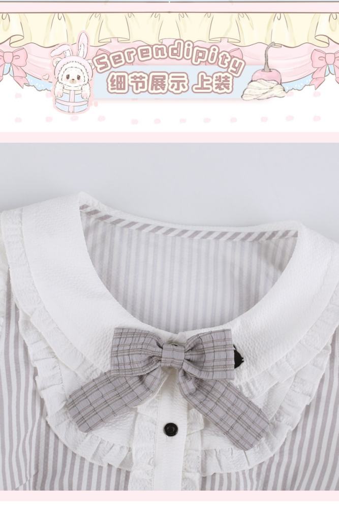 Serendipity ~Grey Kitty~ Retro Girly Stripes Blouse and Skirt