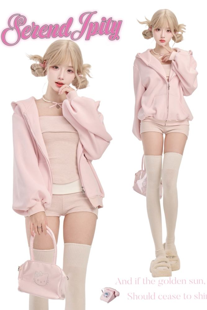 Serendipity ~Strawberry Milk~ Retro Girly Pink Coat Top and Shorts