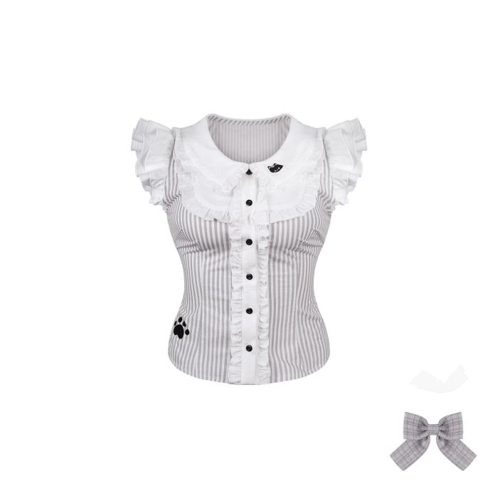 Serendipity ~Grey Kitty~ Retro Girly Stripes Blouse and Skirt