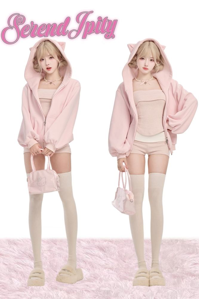Serendipity ~Strawberry Milk~ Retro Girly Pink Coat Top and Shorts