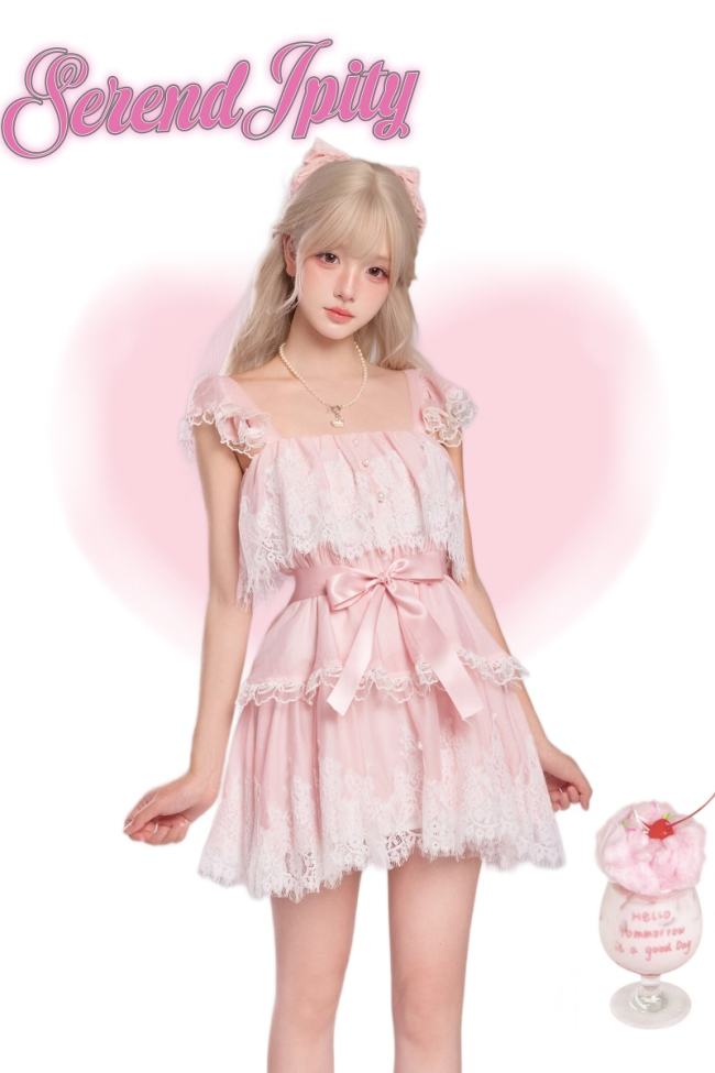 Serendipity Lacework Square Collar Retro Girly Pink Dress