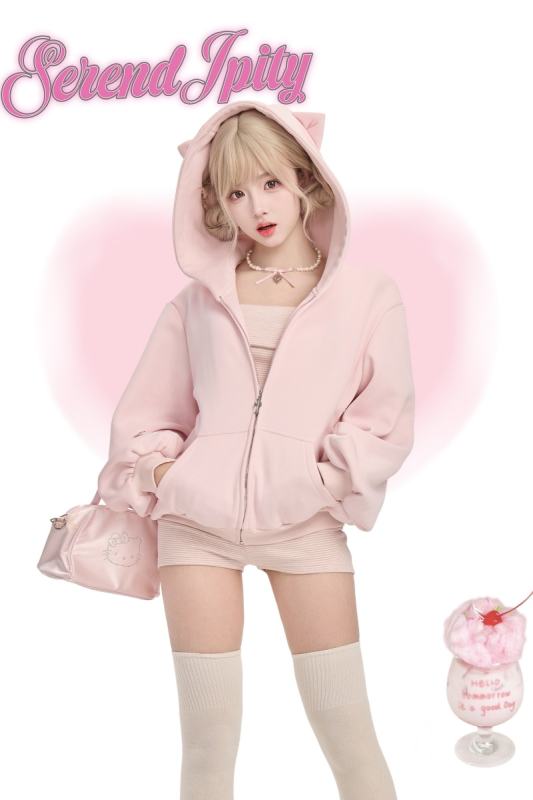 Serendipity ~Strawberry Milk~ Retro Girly Pink Coat Top and Shorts