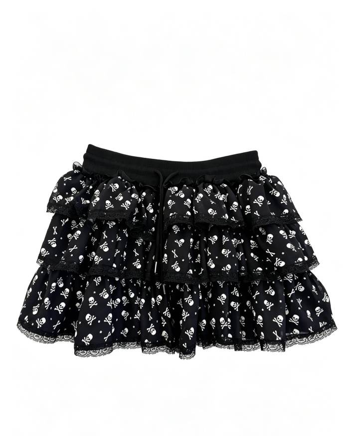 Red Devil Punk Skull Print Black Vest and Skirt
