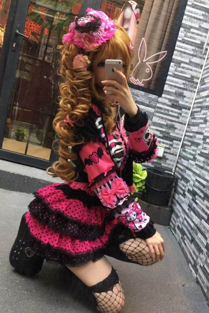Red Devil Patchwork Bow Gyaru Style Black Pink Hooded Jacket