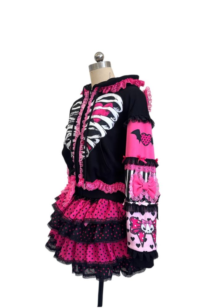 Red Devil Patchwork Bow Gyaru Style Black Pink Hooded Jacket