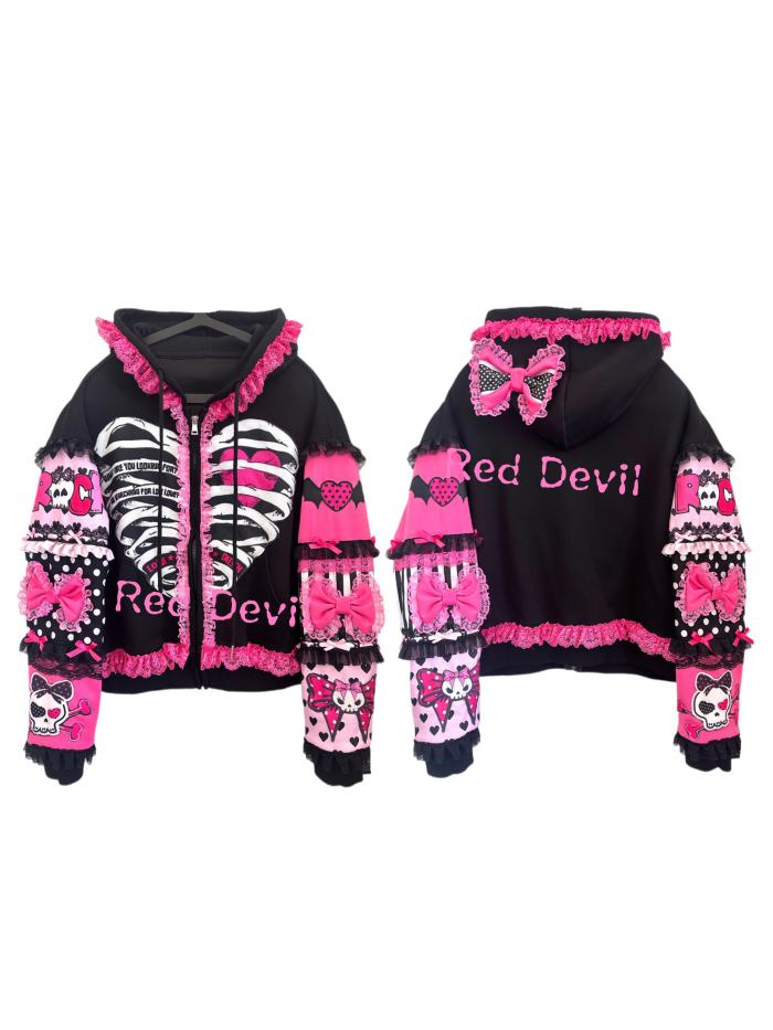 Red Devil Patchwork Bow Gyaru Style Black Pink Hooded Jacket
