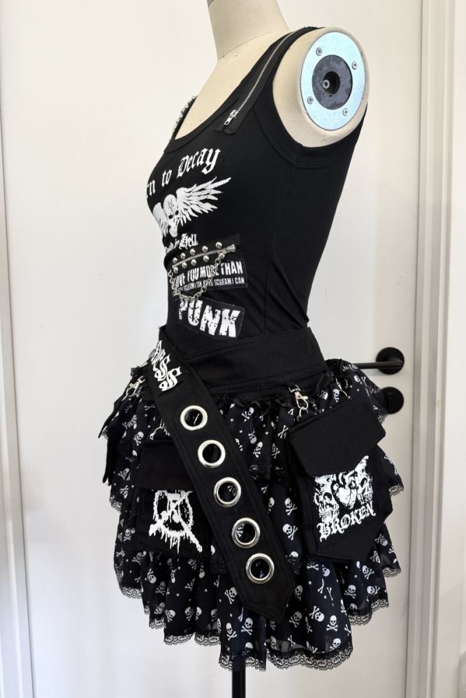 Red Devil Punk Skull Print Black Vest and Skirt