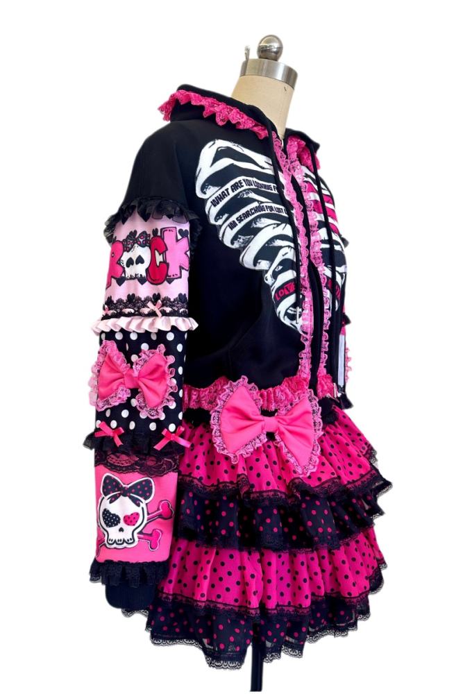 Red Devil Patchwork Bow Gyaru Style Black Pink Hooded Jacket