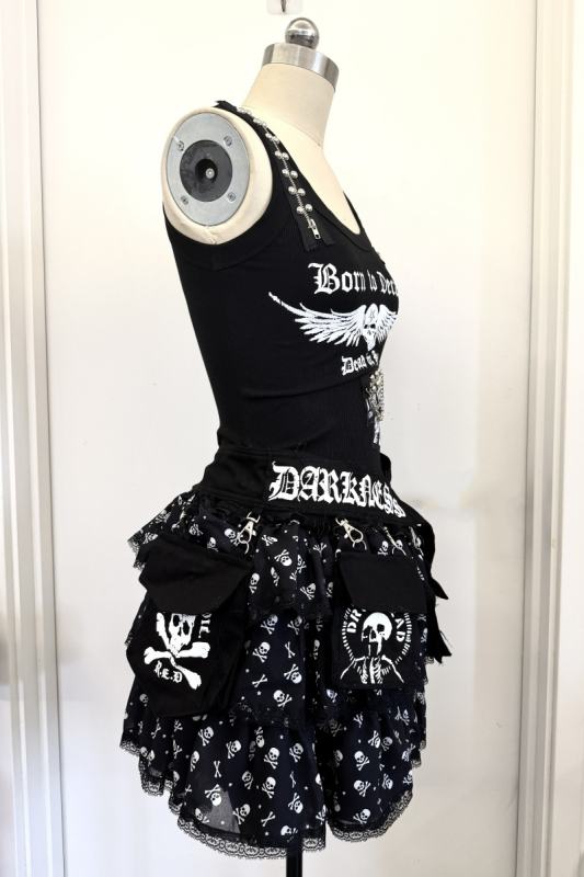 Red Devil Punk Skull Print Black Vest and Skirt