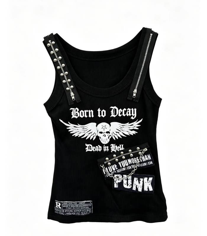Red Devil Punk Skull Print Black Vest and Skirt