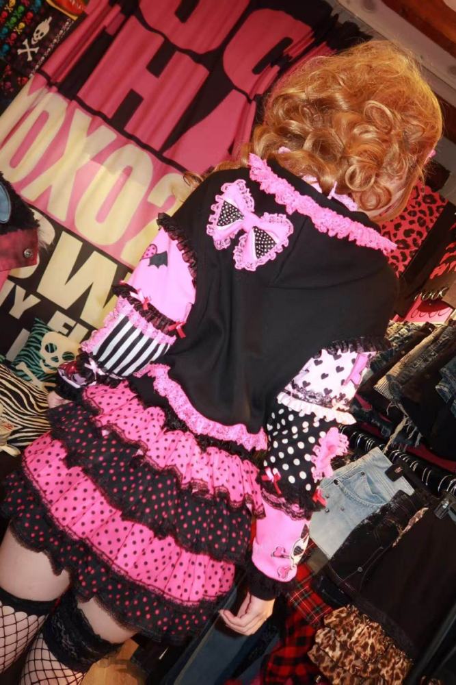 Red Devil Patchwork Bow Gyaru Style Black Pink Hooded Jacket