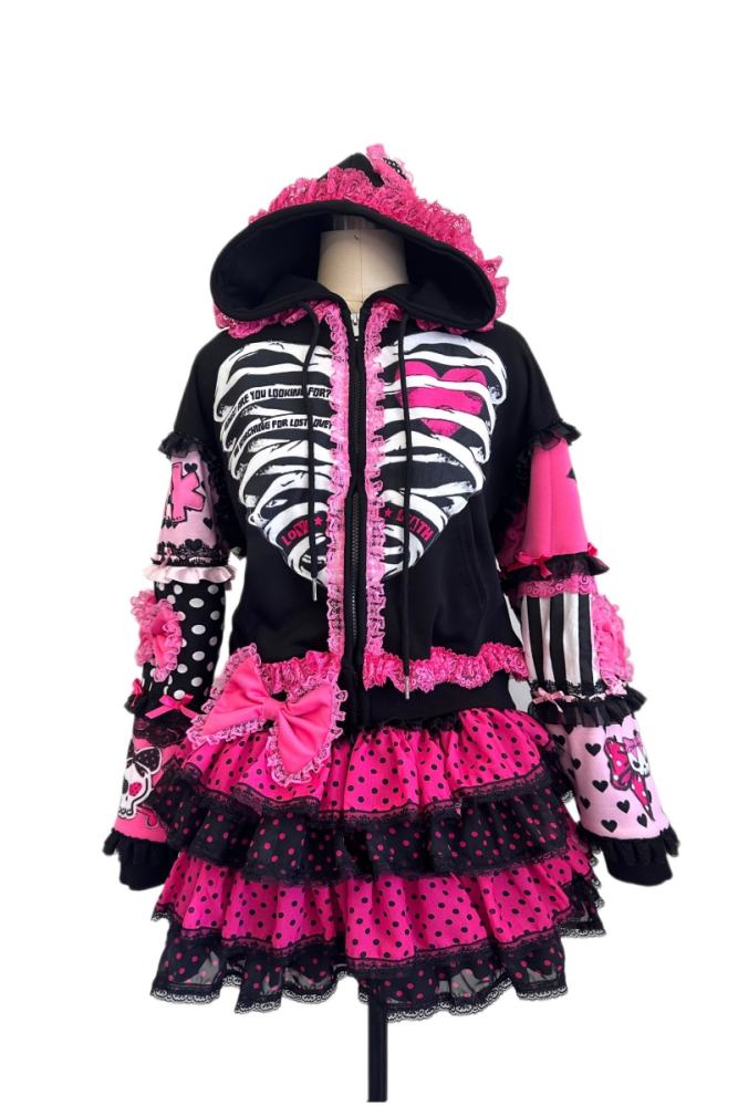 Red Devil Patchwork Bow Gyaru Style Black Pink Hooded Jacket