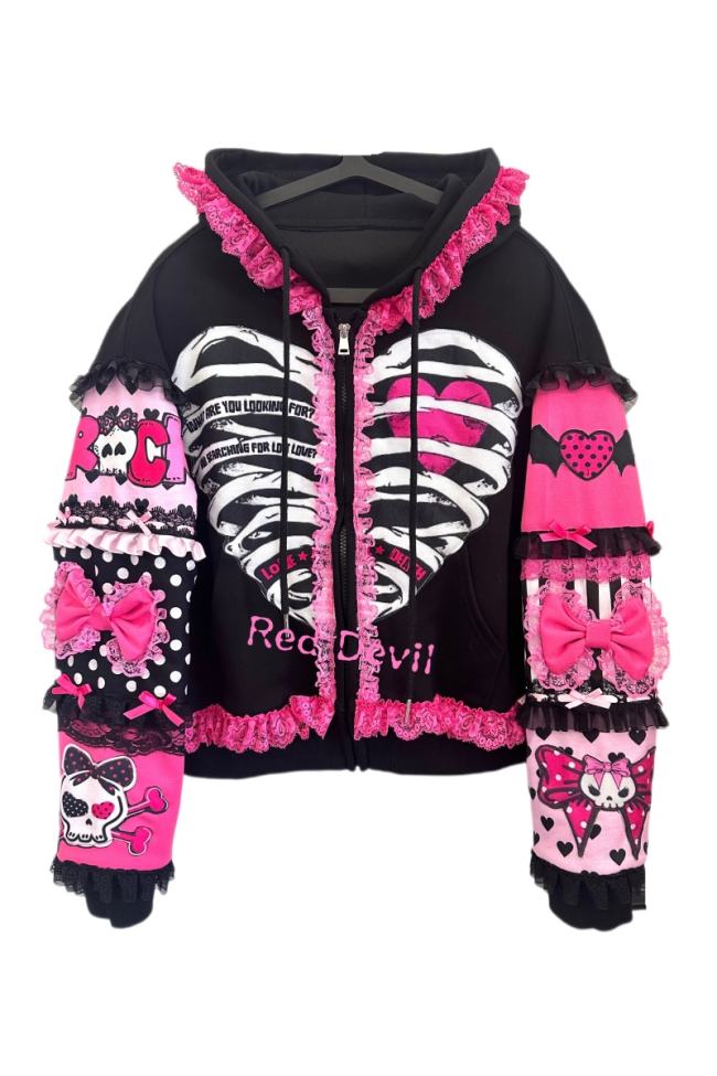 Red Devil Patchwork Bow Gyaru Style Black Pink Hooded Jacket