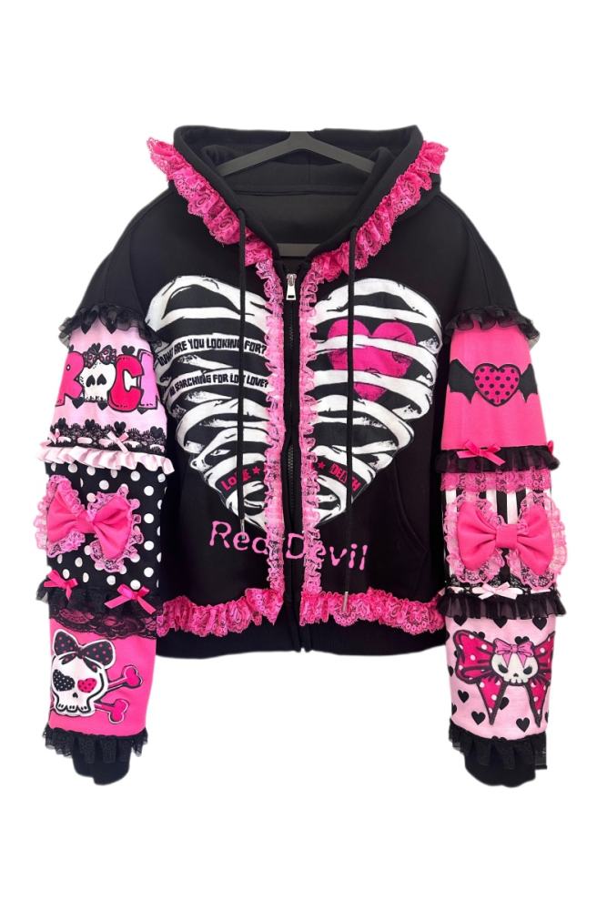 Red Devil Patchwork Bow Gyaru Style Black Pink Hooded Jacket