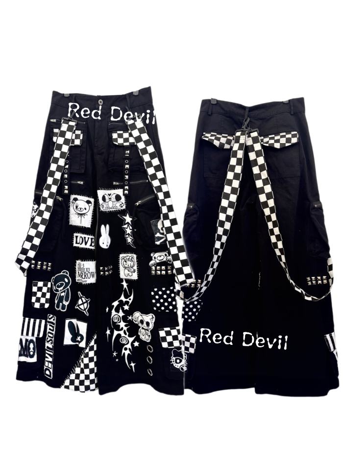 Red Devil Cartoon Patches Jirai Kei Black Cargo Pants