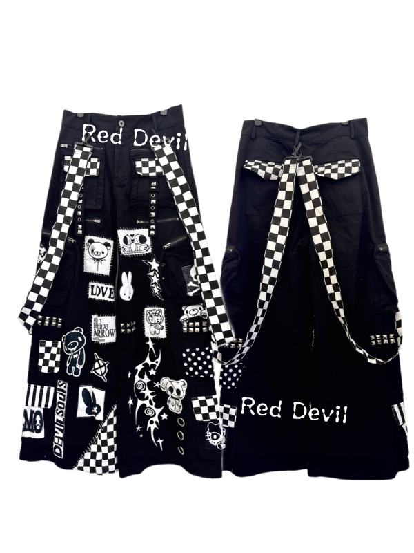 Red Devil Cartoon Patches Jirai Kei Black Cargo Pants