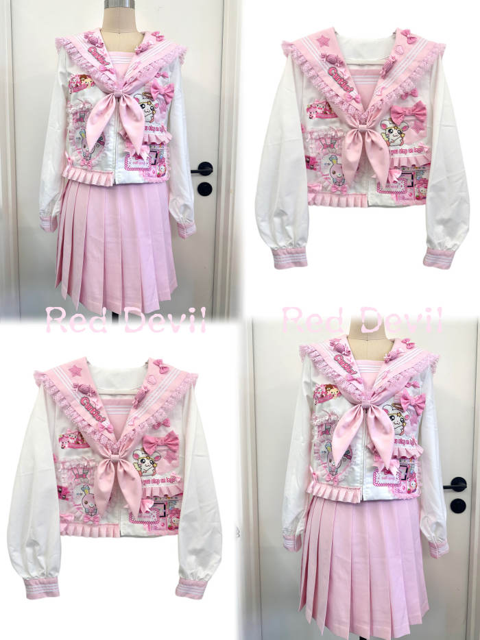 Red Devil Lace Bow Cartoon Pink Sailor Uniform
