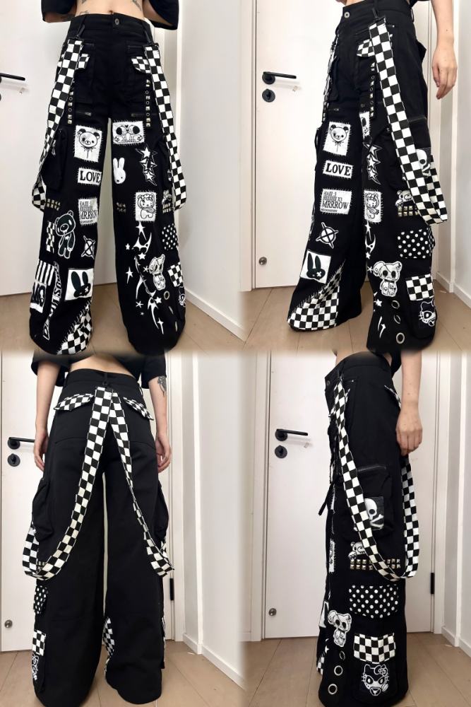 Red Devil Cartoon Patches Jirai Kei Black Cargo Pants