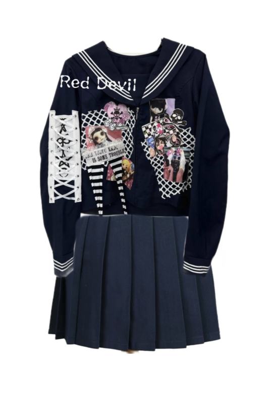 Red Devil Subculture Patchwork Punk Sailor Uniform