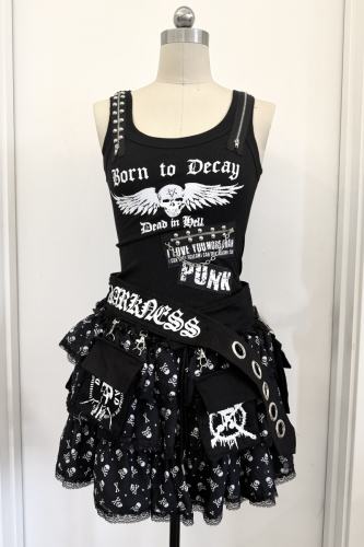Red Devil Punk Skull Print Black Vest and Skirt