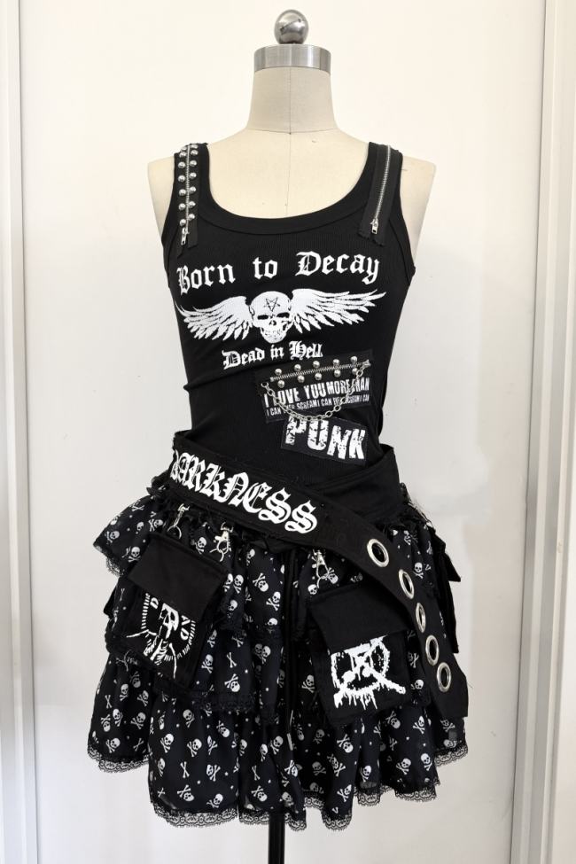 Red Devil Punk Skull Print Black Vest and Skirt