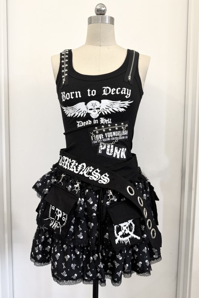 Red Devil Punk Skull Print Black Vest and Skirt