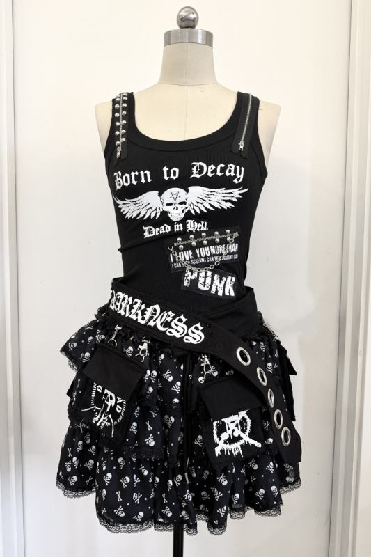 Red Devil Punk Skull Print Black Vest and Skirt
