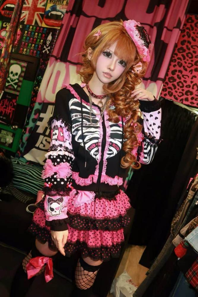Red Devil Patchwork Bow Gyaru Style Black Pink Hooded Jacket