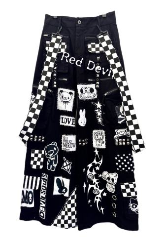 Red Devil Cartoon Patches Jirai Kei Black Cargo Pants