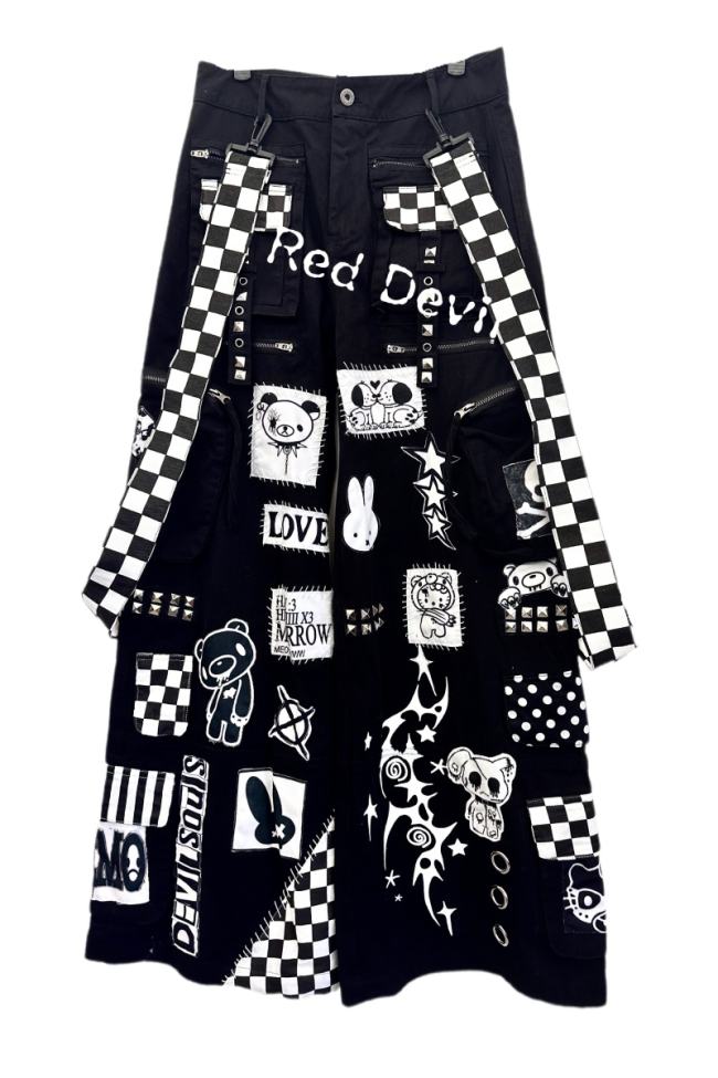 Red Devil Cartoon Patches Jirai Kei Black Cargo Pants