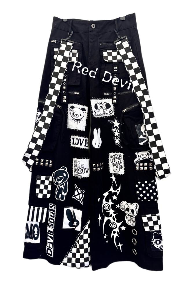 Red Devil Cartoon Patches Jirai Kei Black Cargo Pants