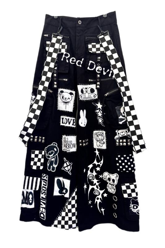 Red Devil Cartoon Patches Jirai Kei Black Cargo Pants