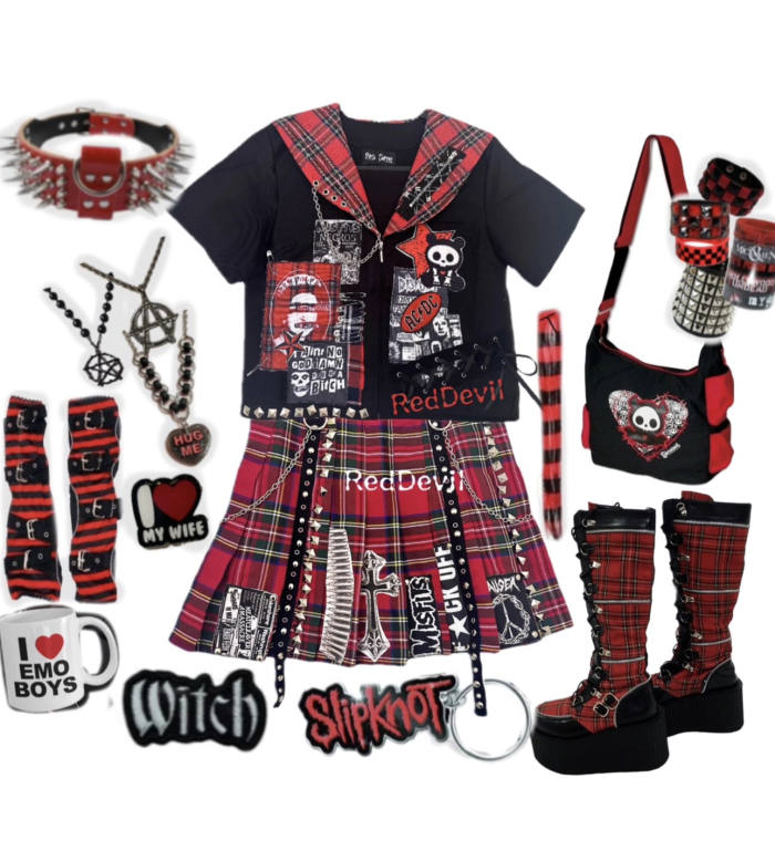 Red Devil Punk Style Red Plaid Pleated Skirt