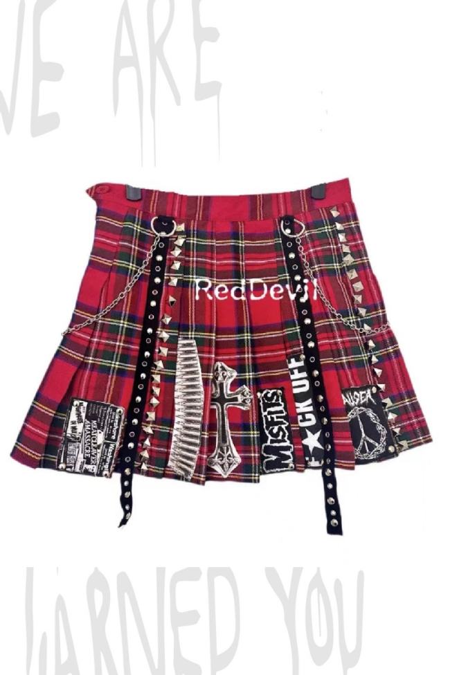 Red Devil Punk Style Red Plaid Pleated Skirt