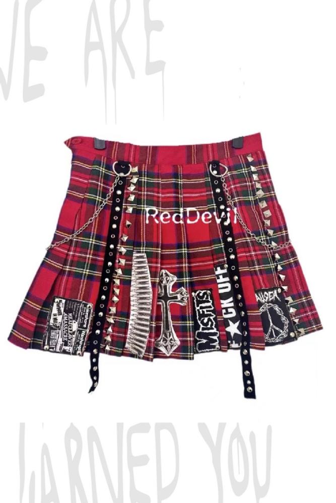 Red Devil Punk Style Red Plaid Pleated Skirt