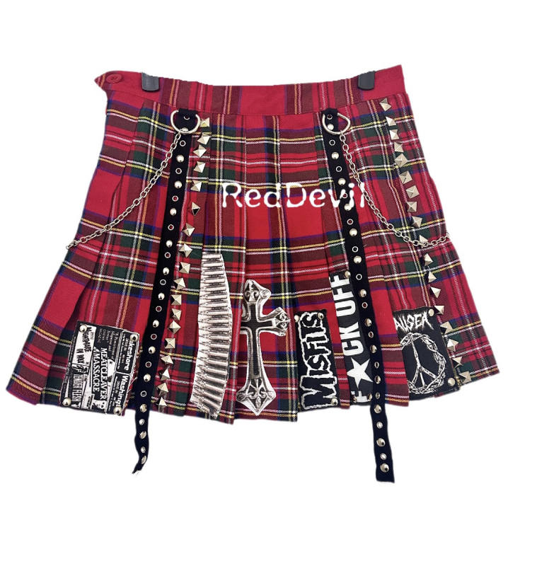 Red Devil Punk Style Red Plaid Pleated Skirt