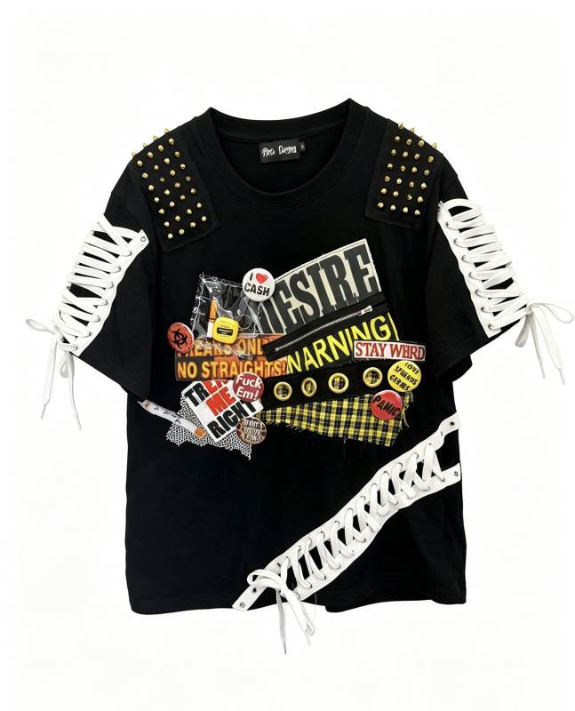 Red Devil Punk Rivet Lace-up Black T-shirt