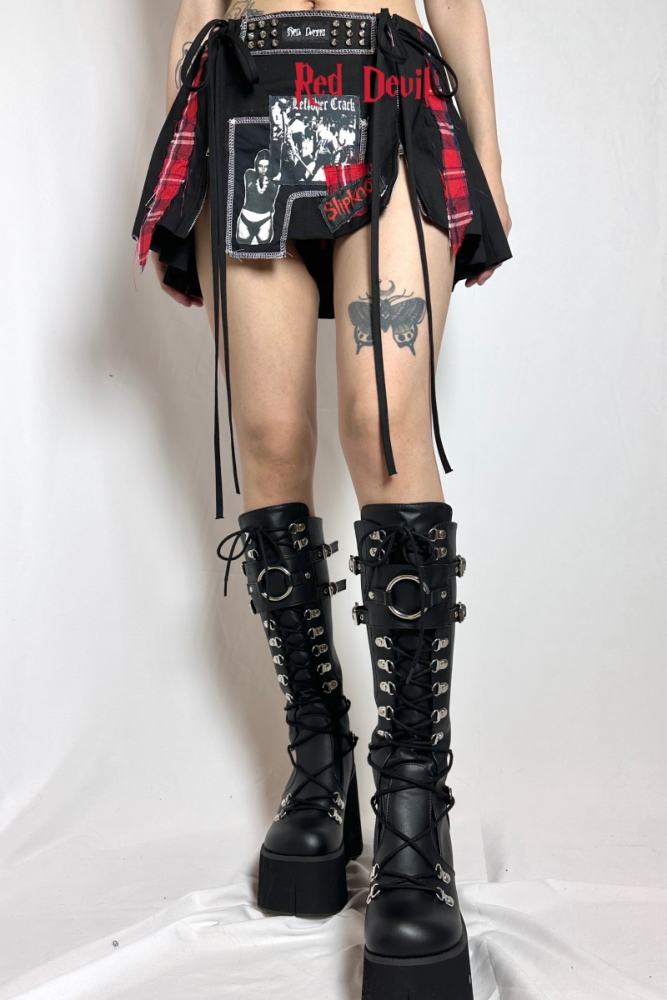 Red Devil Subculture Punk Patches Black Skirt